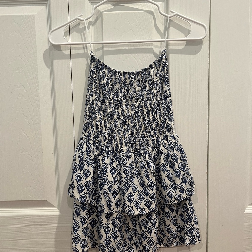 Blue and White Shirred Patterned Sleeveless Mini Dress